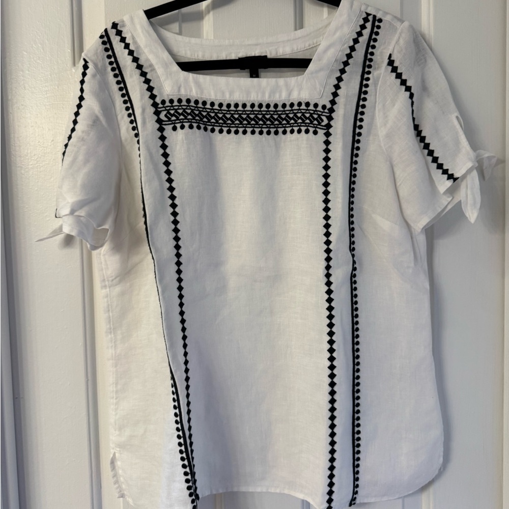 Talbots White Blouse with Black Embroidery